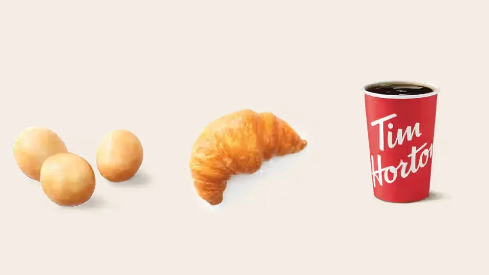 Tim Hortons Honey Dip Timbit, plain croissant and brewed coffee