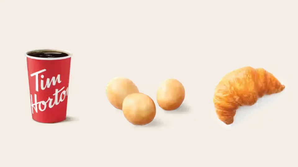 Tim Hortons brewed coffee, Honey Dip Timbit and plain croissant