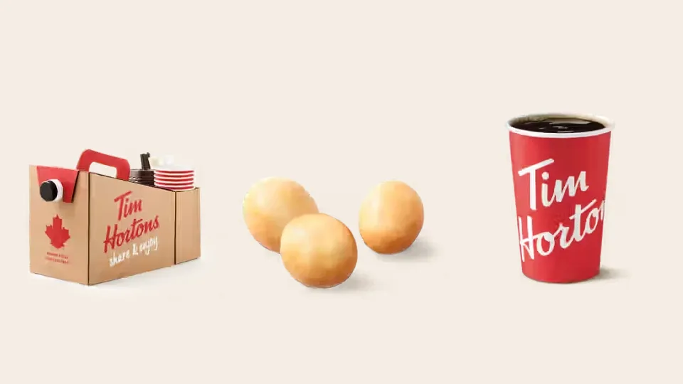 Tim Hortons catering boxes, a Honey Dip Timbit and brewed coffee