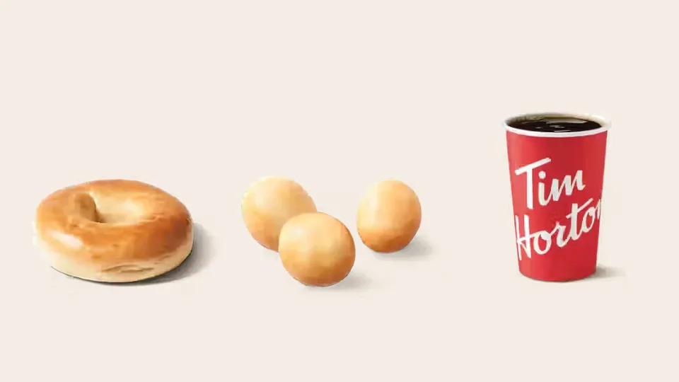 Tim Hortons plain bagel, Honey Dip Timbit and brewed coffee for drive-thru orders