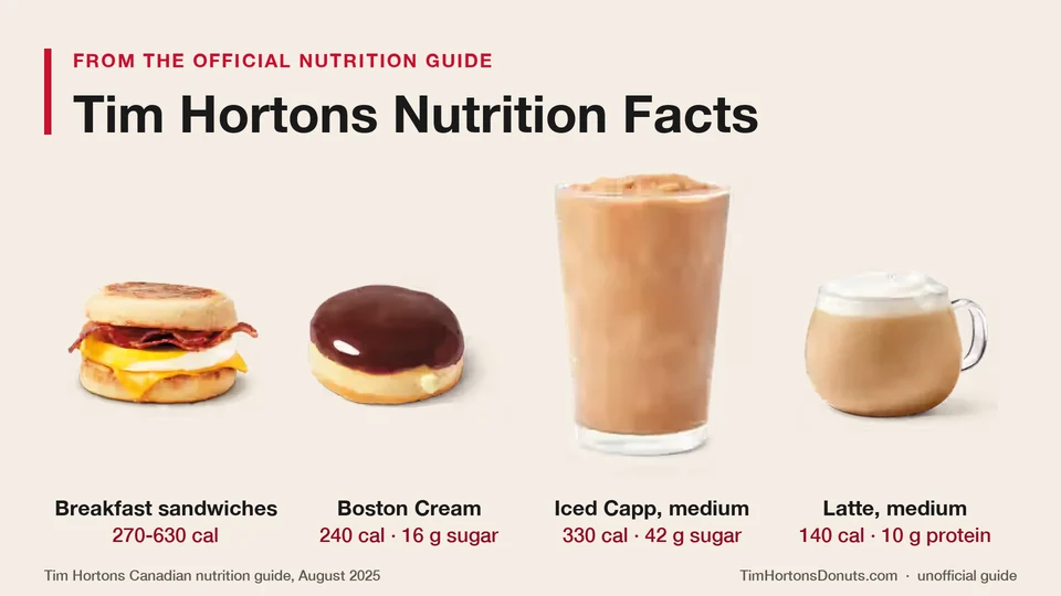 Tim Hortons nutrition facts: breakfast sandwiches 270 to 630 calories, Boston Cream donut 240 calories and 16 g sugar, medium Iced Capp 330 calories and 42 g sugar, medium latte 140 calories and 10 g protein