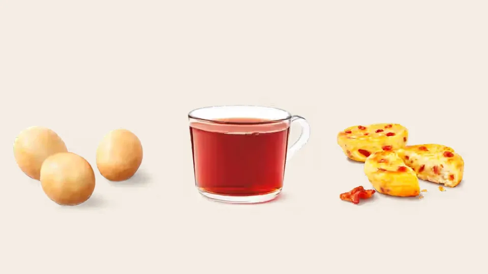 Tim Hortons Honey Dip Timbit, steeped tea and omelette bites