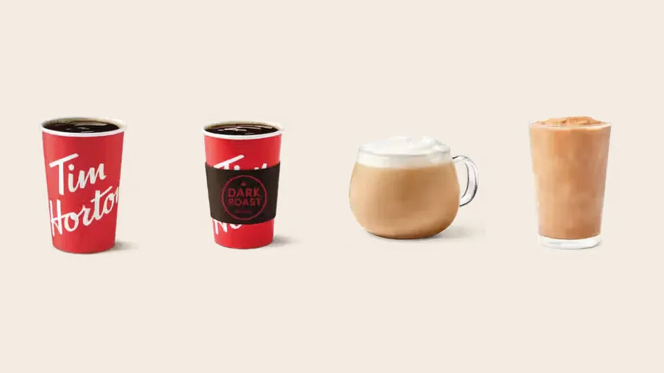 A Tim Hortons brewed coffee, Dark Roast, latte and Original Iced Capp