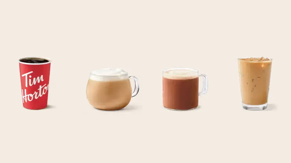A Tim Hortons brewed coffee, latte, hot chocolate and Original Iced Coffee